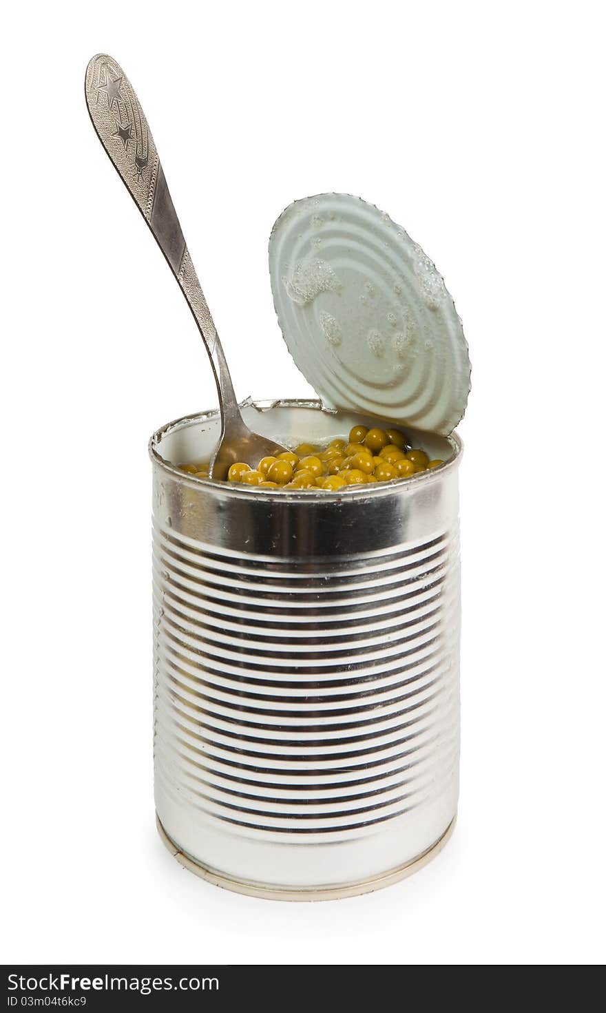 Open can with green peas isolated on a white background