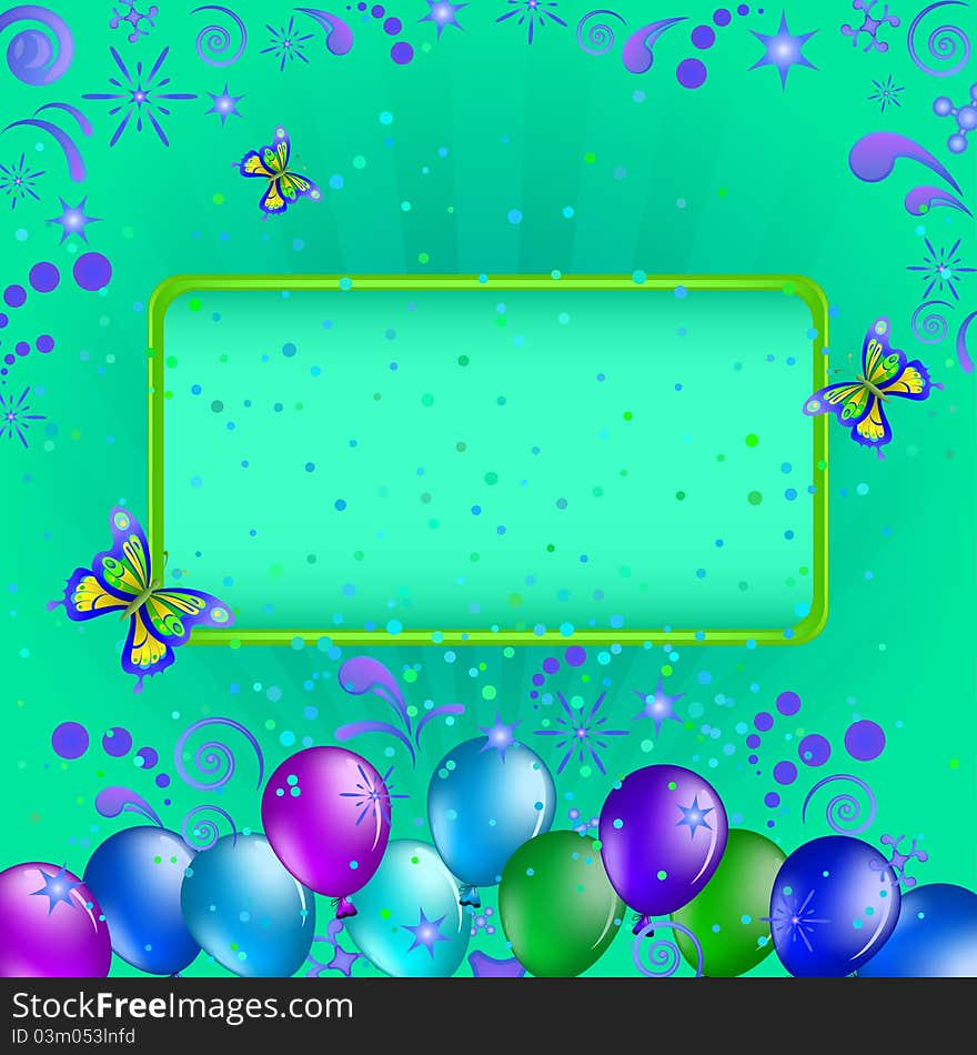 frame, coloured balloons and confetti on green background. frame, coloured balloons and confetti on green background