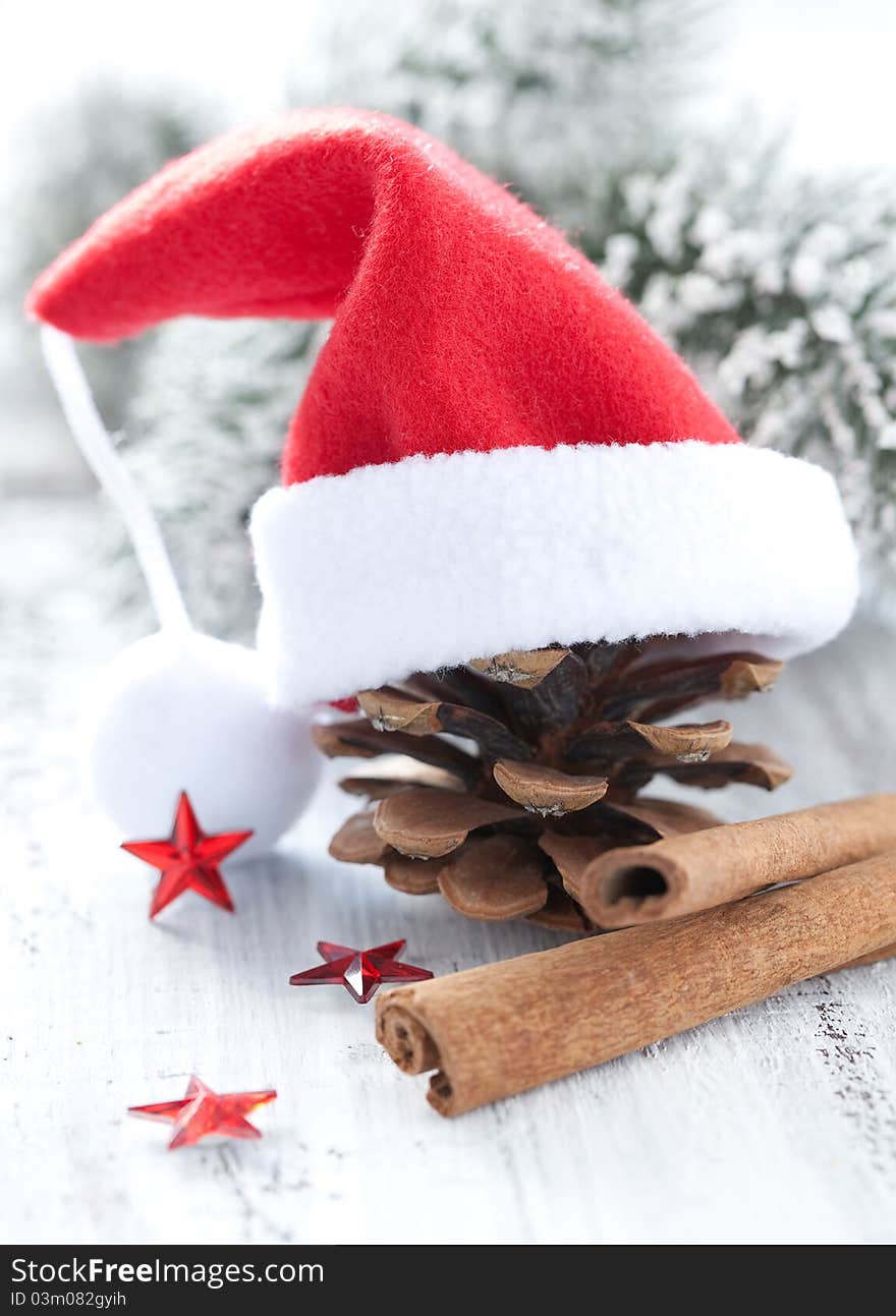 Pine cone with hat and cinnamon sticks. Pine cone with hat and cinnamon sticks