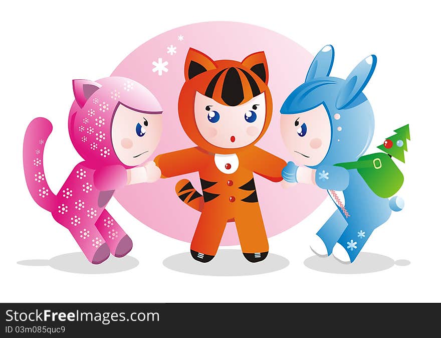 Children in costumes for the eastern calendar years - the tiger, the rabbit and the cat.