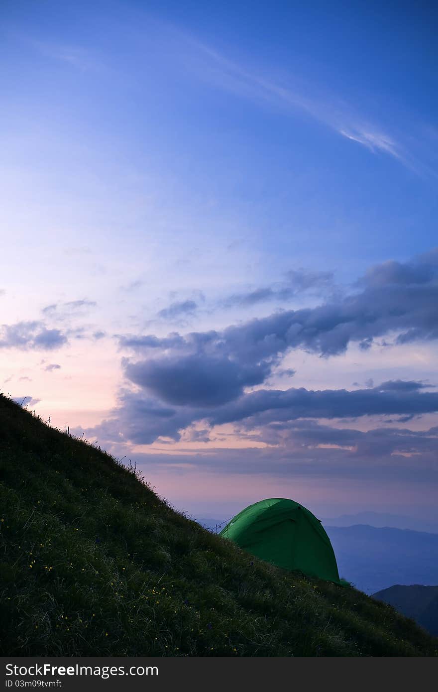 Camping tents in the mountains