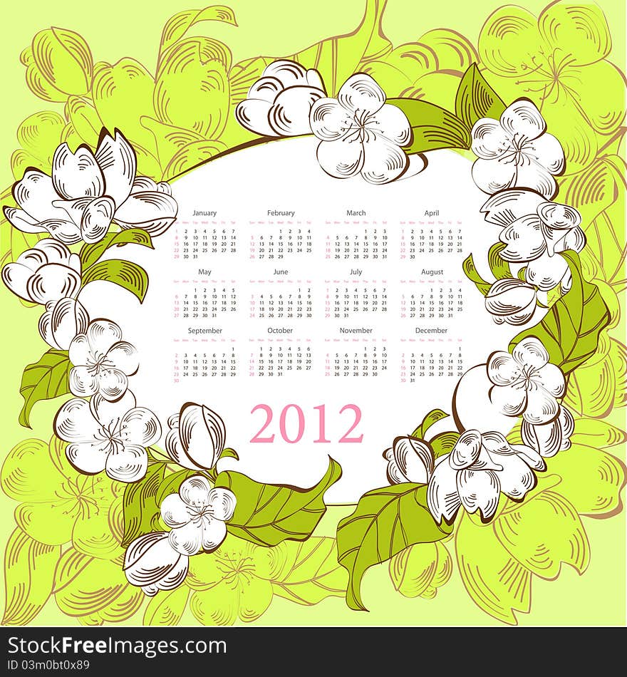 Template for calendar 2012 with flowers