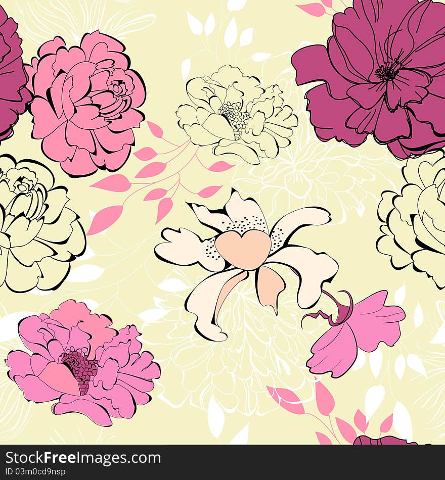 Decorative seamless wallpaper with summer flowers