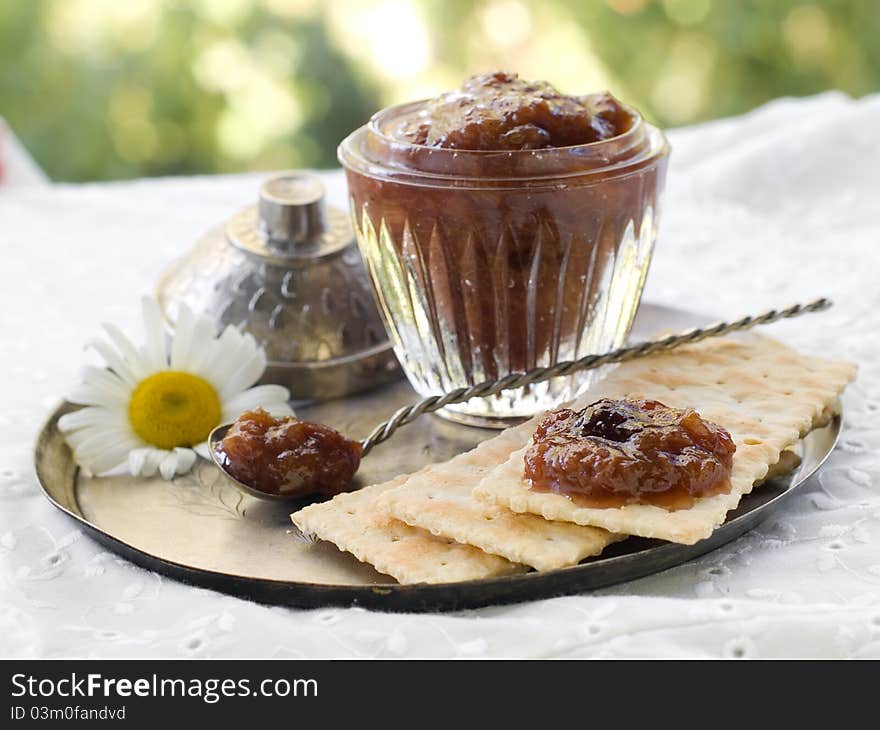 Cracker and jam tray platter. Selective focus, shallow depth. Cracker and jam tray platter. Selective focus, shallow depth