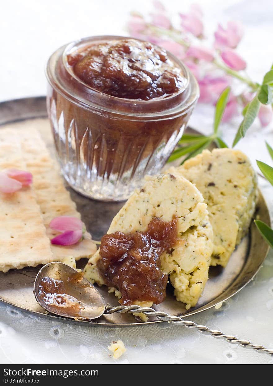 Soft cheese and jam tray platter. Selective focus, shallow depth. Soft cheese and jam tray platter. Selective focus, shallow depth