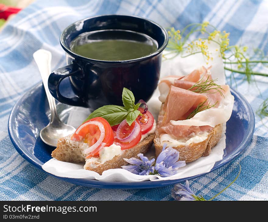 Healthy sandwich made with bread, tomato and ham slices. Selective focus. Healthy sandwich made with bread, tomato and ham slices. Selective focus