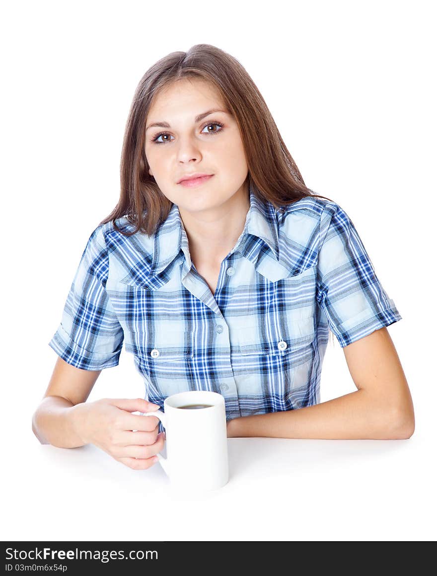 A smiling girl is drinking a coffee from a white cup. isolated on white background