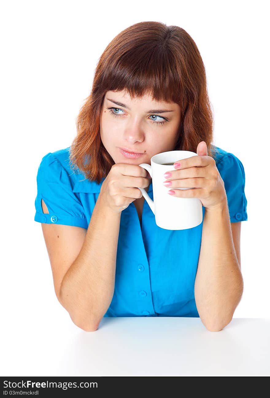 A smiling girl is drinking a coffee from a white cup. isolated on white background