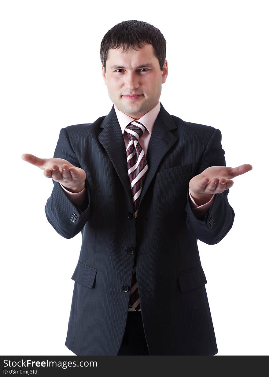 A businessman is waiting for something. Isolated on a white background