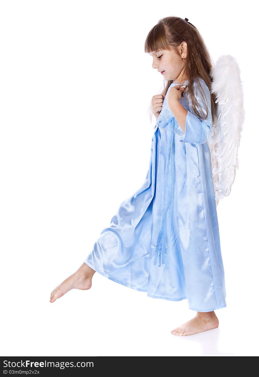 A small beautiful angel girl. Isolated on a white background