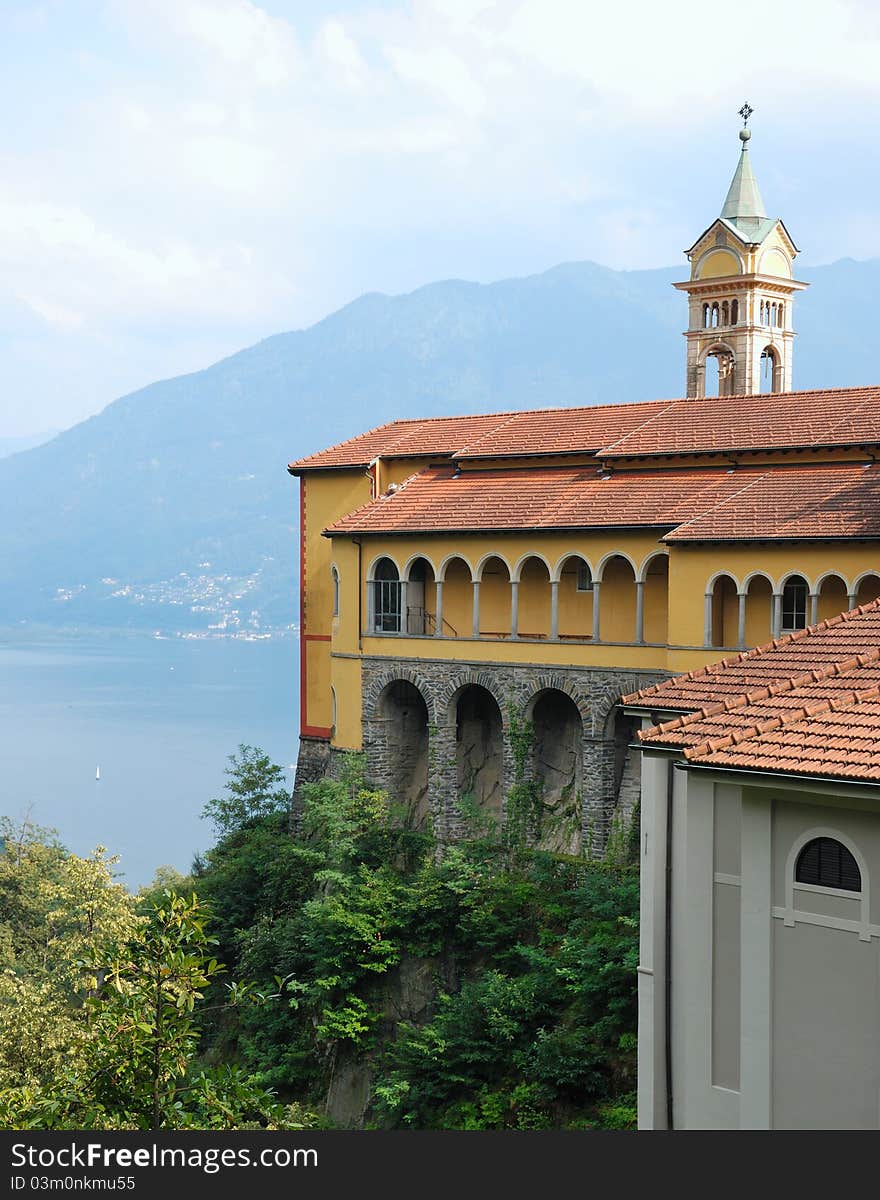 Madonna del sasso church and lake Maggiore in Locarno