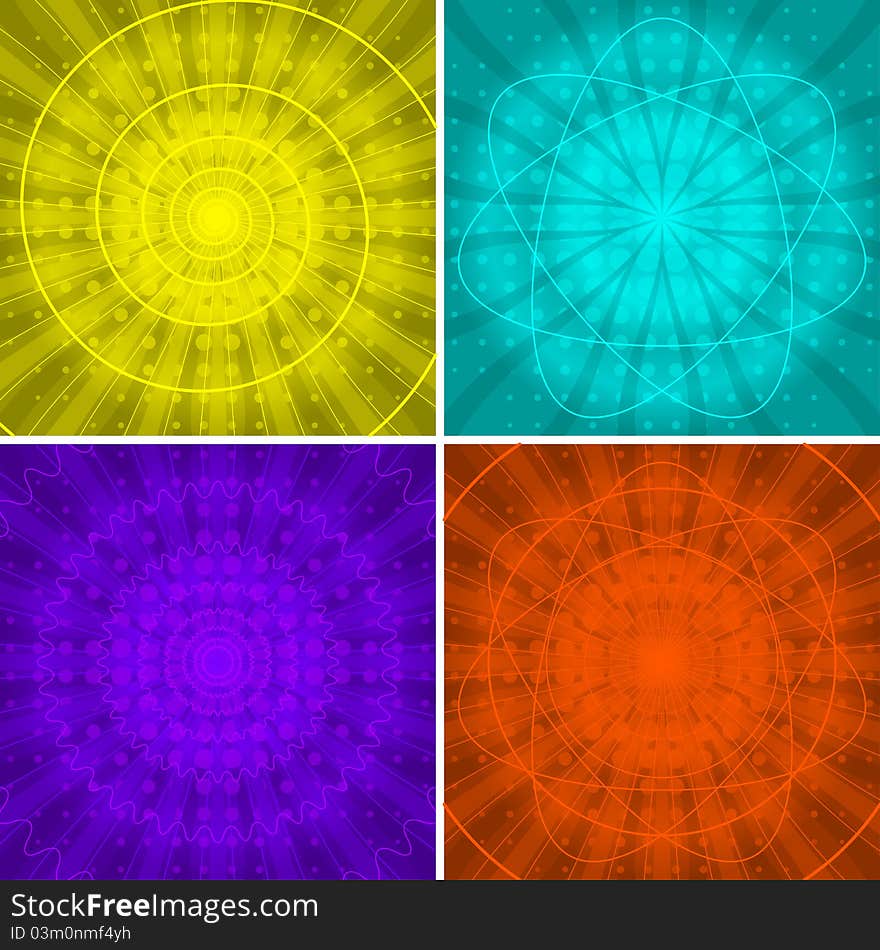 Set abstract color backgrounds with patterns of lines, curves and rays. Set abstract color backgrounds with patterns of lines, curves and rays