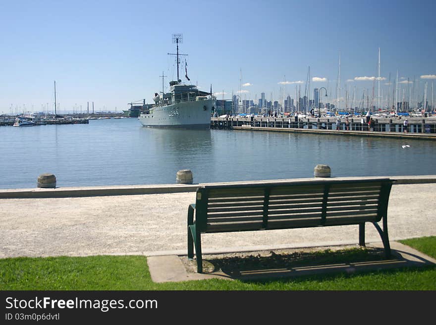 Historic navy ship rests in port of Melbourne, Aus