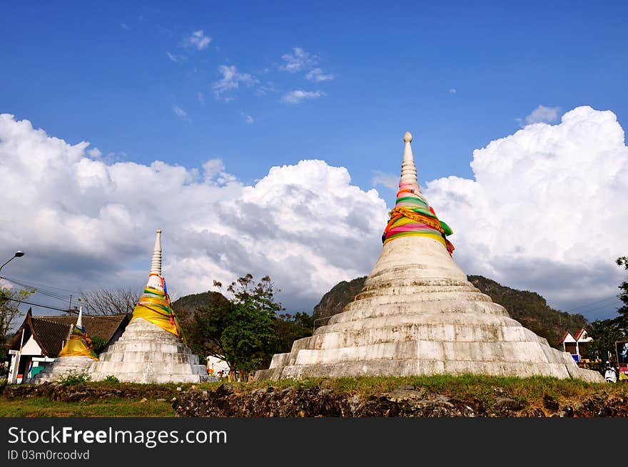 Architecture Pagodas three in Kanchanaburi, Thailand