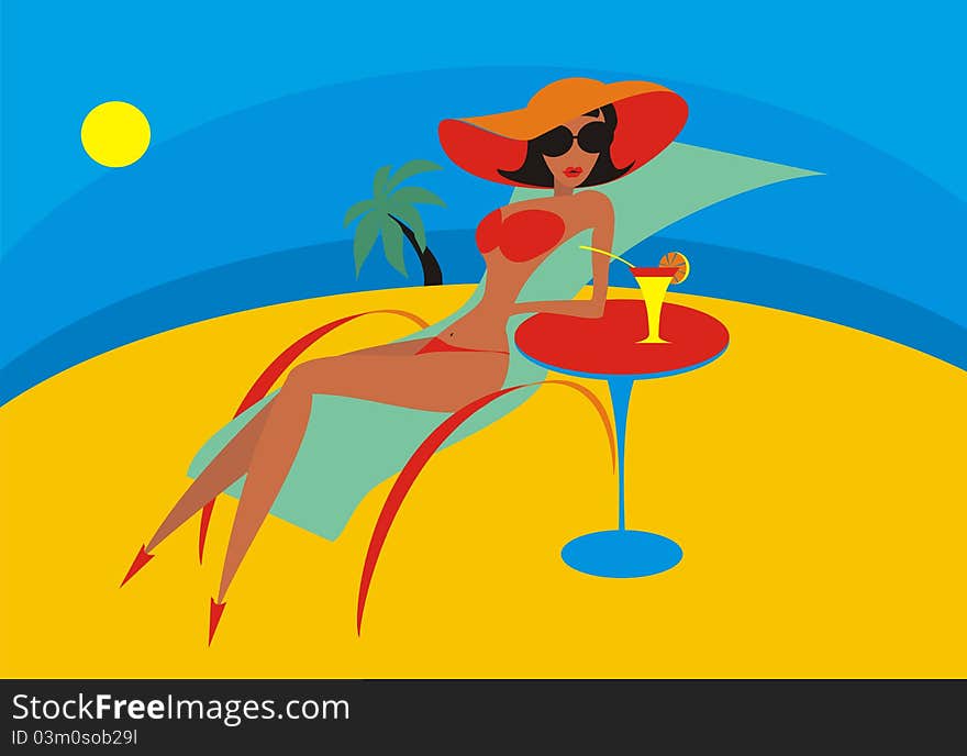 The young woman on a beach in a chaise lounge