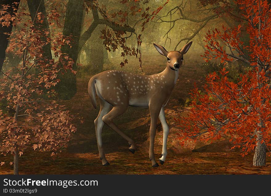 3d render of a fawn in the wood. 3d render of a fawn in the wood