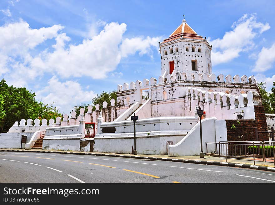 White old Thai style fort near Chao Phraya river in Bangkok. White old Thai style fort near Chao Phraya river in Bangkok