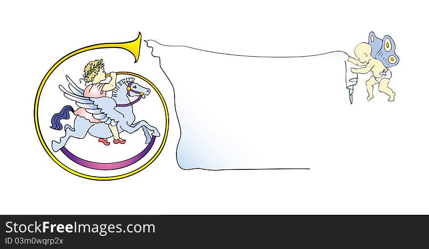 A little girl with a bugle riding a Pegasus hobby horse with a banner, to use for frame, announcement, invitation. A little girl with a bugle riding a Pegasus hobby horse with a banner, to use for frame, announcement, invitation