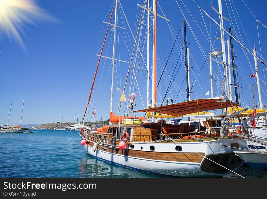 Beautiful,amazing yachts at coast Aegean sea.