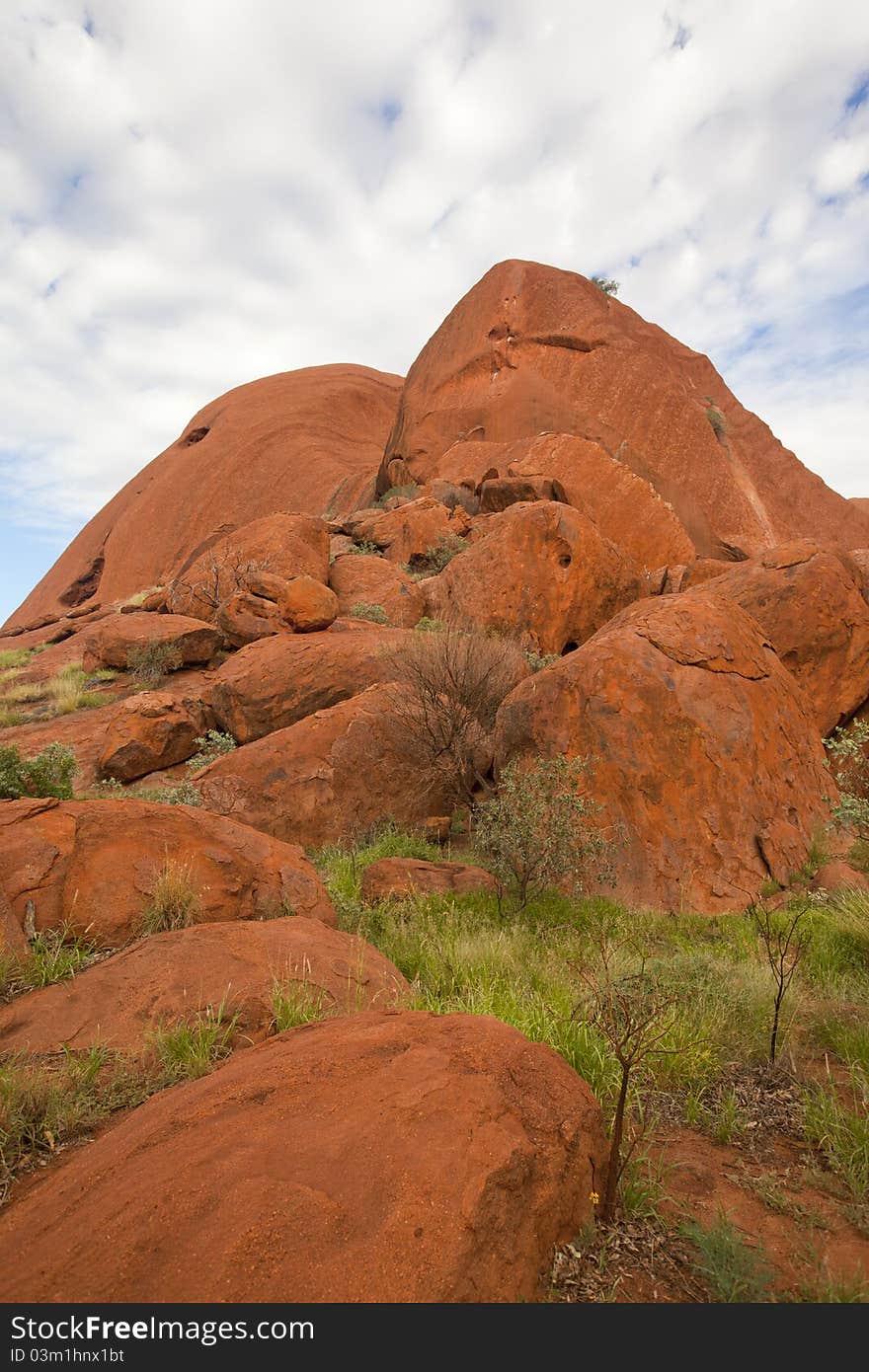 Red stone mountain with bushes and desert. Red stone mountain with bushes and desert