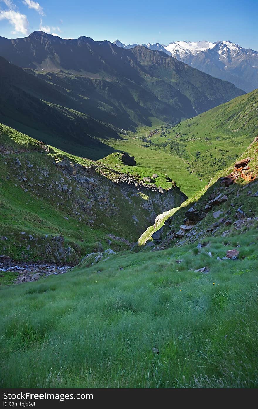 Green Valley. Panorama by the top of Viso Valley. Brixia province, Lombardy region, Italy