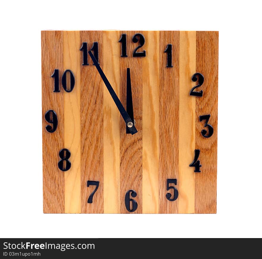 Classic square wall clock with wooden frame on white background