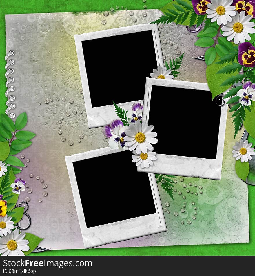 Frame for three photos with colorful flowers and leaves