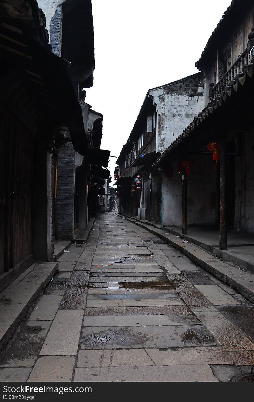 An Empty street between old house in Chinese water town in early morning