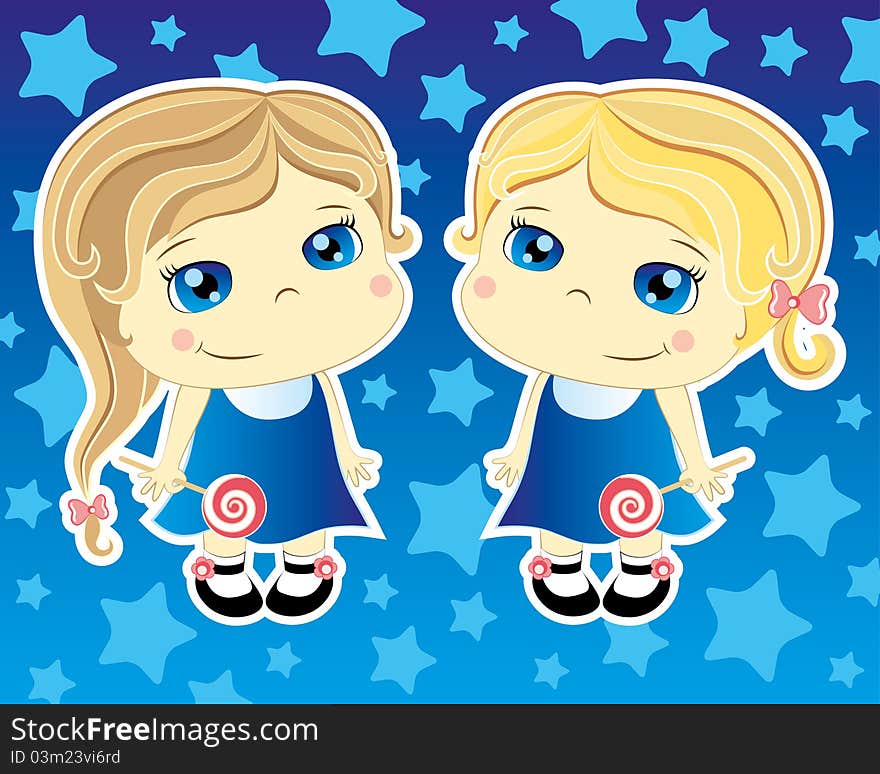 Two cartoon cute girls on blue background. Two cartoon cute girls on blue background