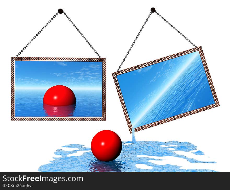 Frame and water,red balls,sky and sea,picture and sky