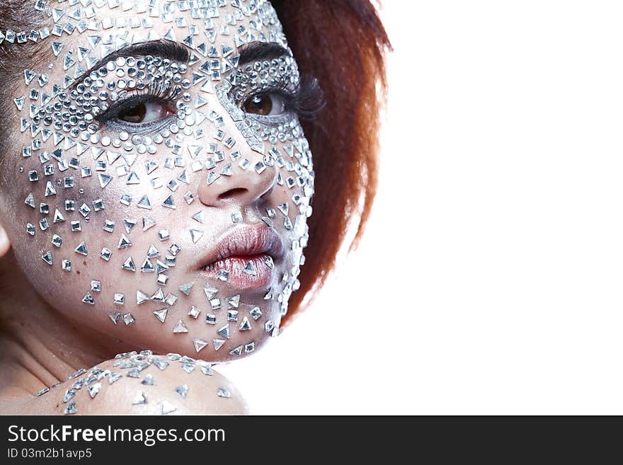 Beauty woman in futuristic makeup isolated over white background