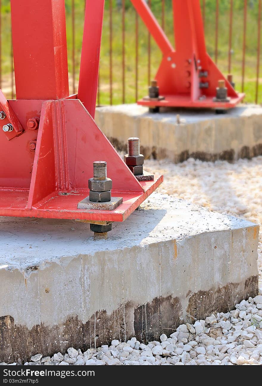 Steel support on a concrete base. Piles held together by large bolts. Mounting the transmitter towers. Steel support on a concrete base. Piles held together by large bolts. Mounting the transmitter towers.