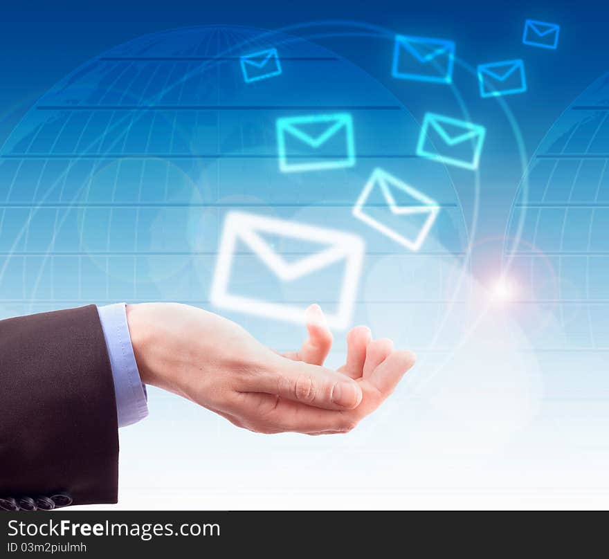 Hands with world mail delivery on map background