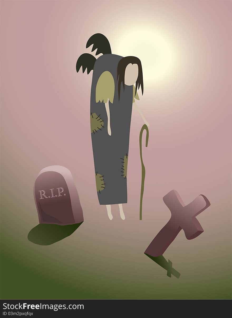 Cartoon illustration of gloomy angel and graves. Cartoon illustration of gloomy angel and graves