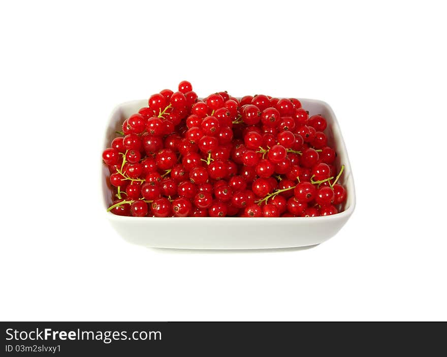 Fresh red currant berry in a plate at white background. Fresh red currant berry in a plate at white background