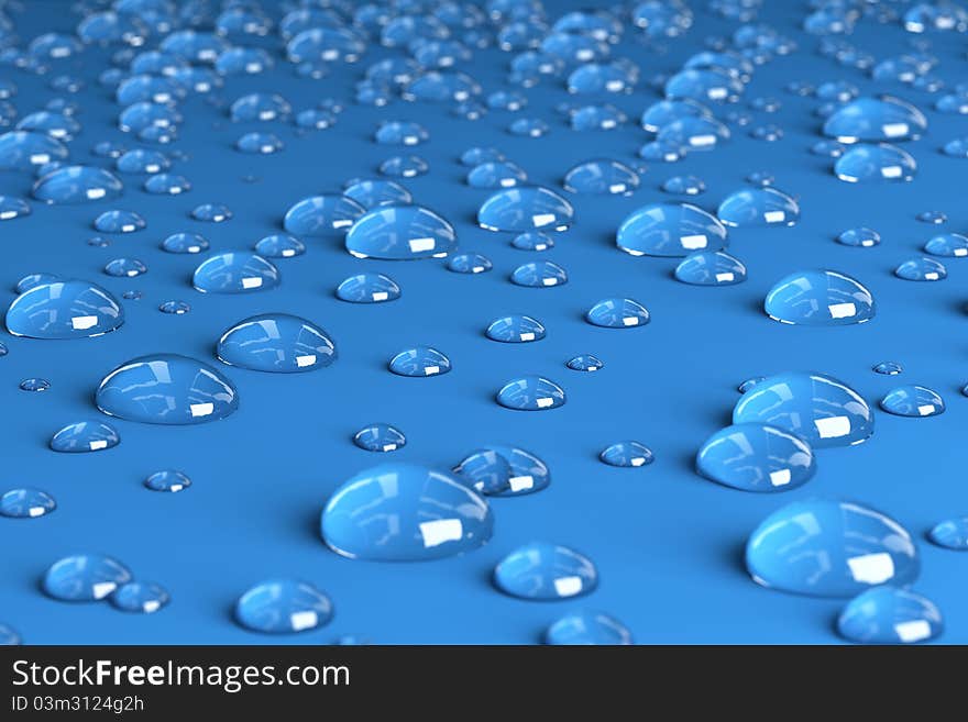 Very high resolution 3d rendering of water droplets on a blue plane.