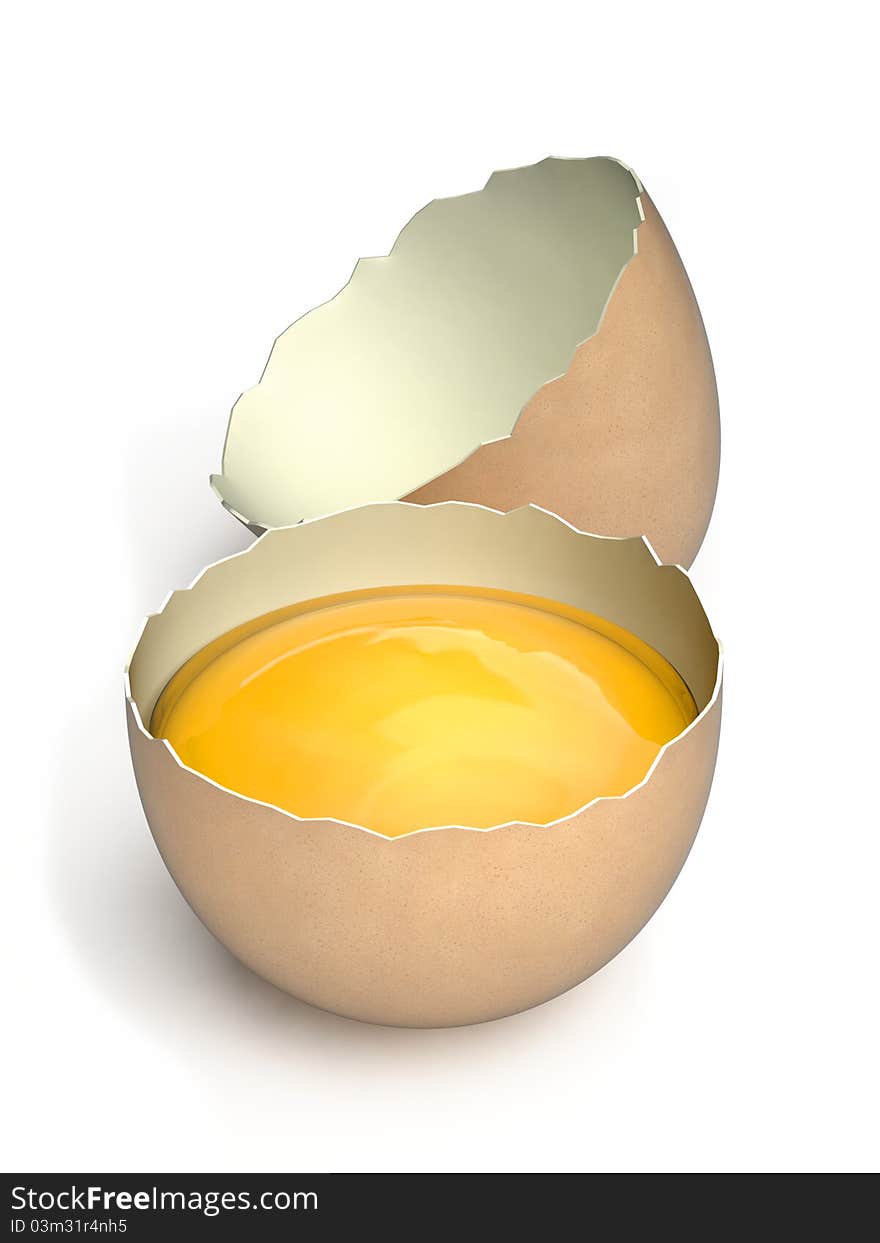 Very high resolution 3d rendering of an open egg isolated over white