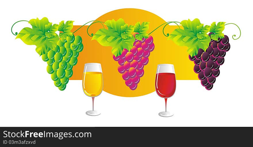 Illustration with colored wine glasses and grapes