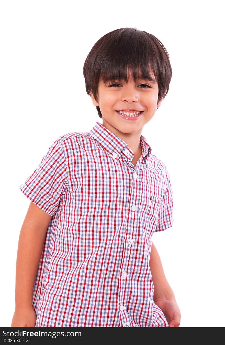 Smiling happy child isolated over white background. boy