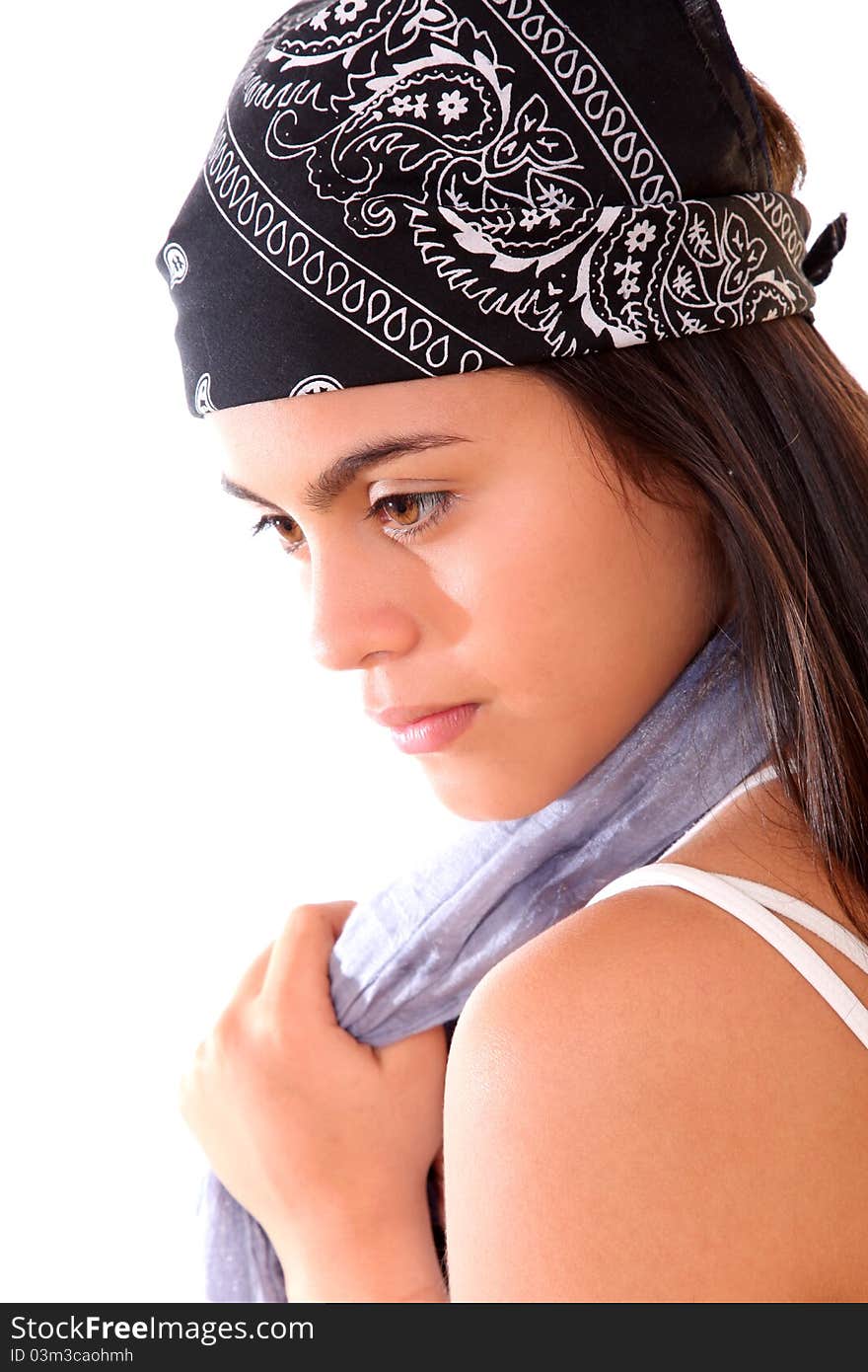 Young woman with black headscarf isolated over white background