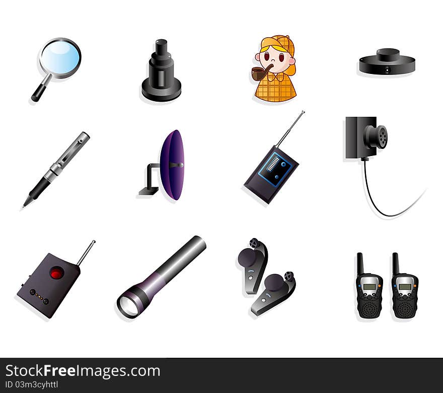 Cartoon Detective Equipment Icon Set