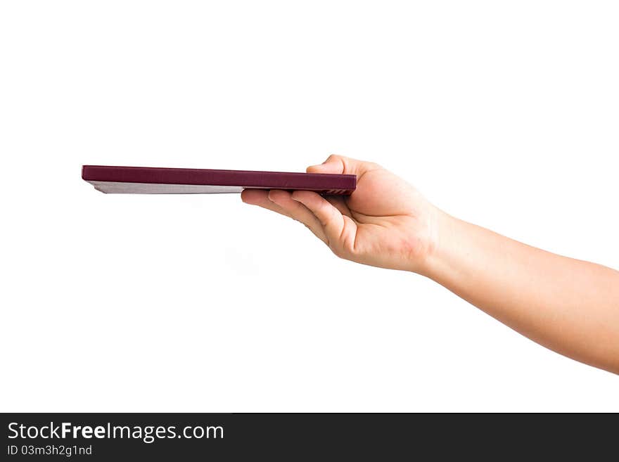 Notebook in hand on a white background