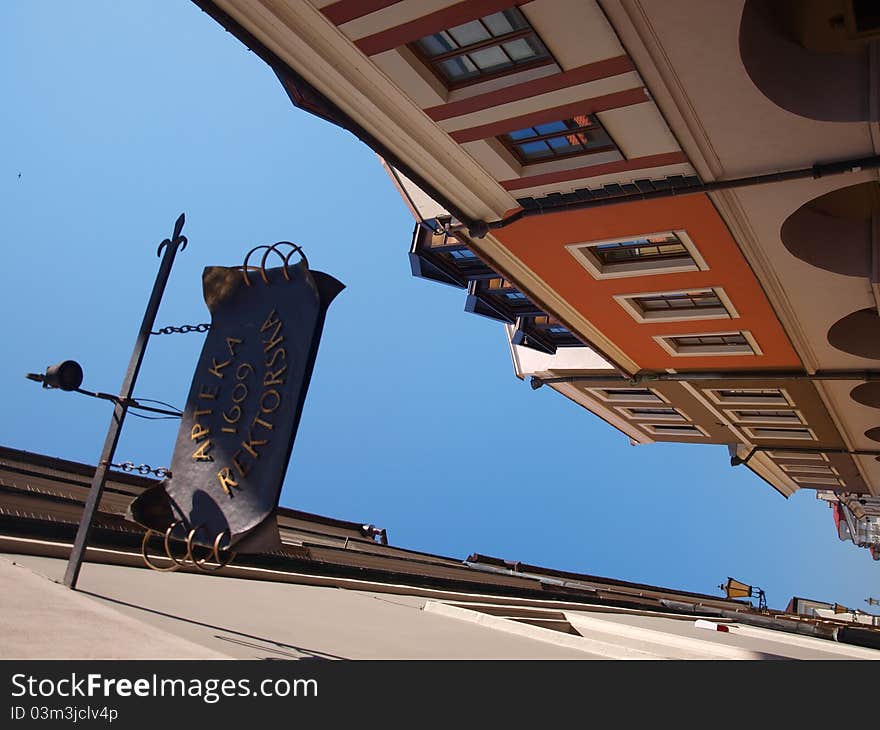 A signboard on one of the streets of old city of Zamosc, Poland