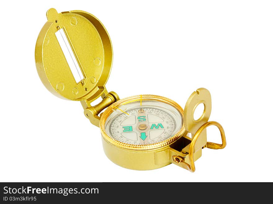 Old style brass compass on white