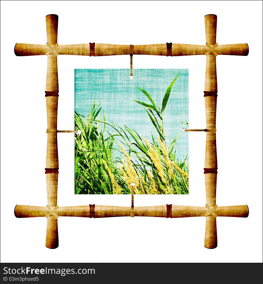 Bamboo frame with a picture, isolated on white