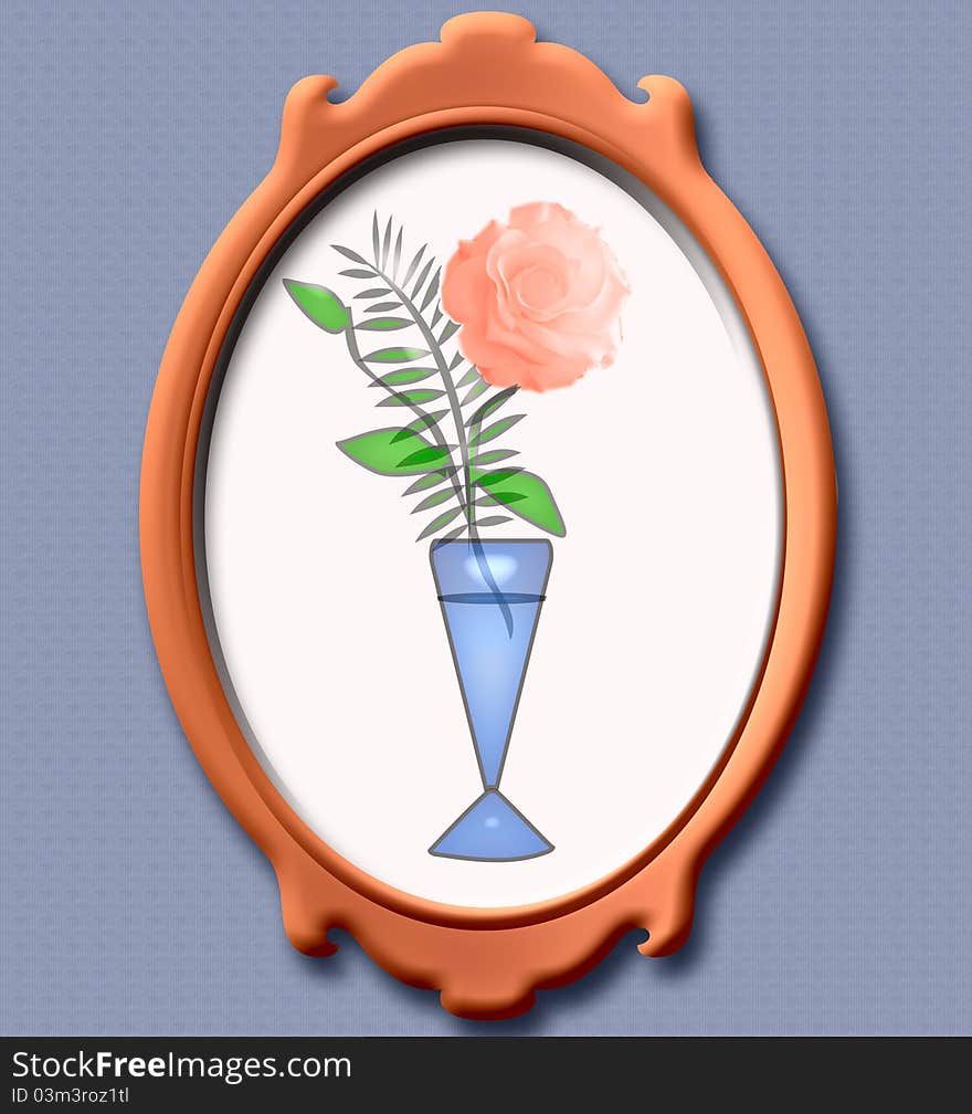 Pink rose with vase in ornate antique frame illustration