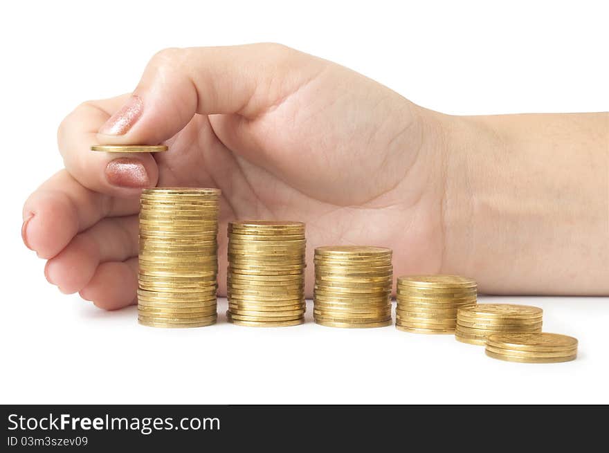 Coins diagram with hand isolated on white