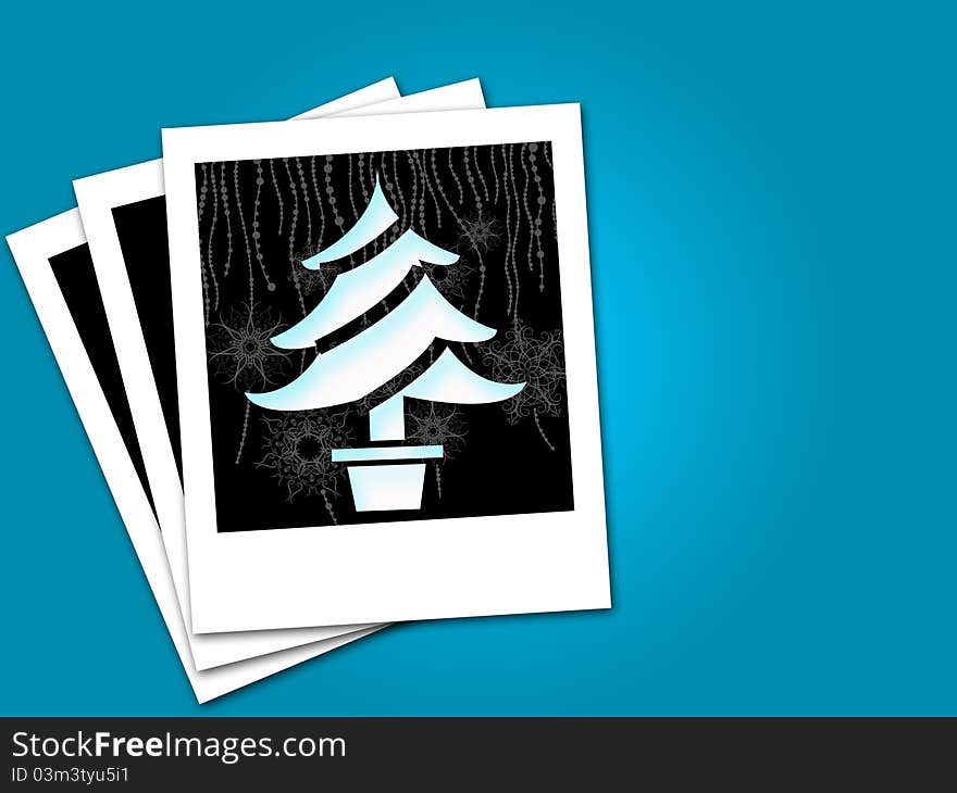 Christmas tree in black frame isolated blue background. Christmas tree in black frame isolated blue background