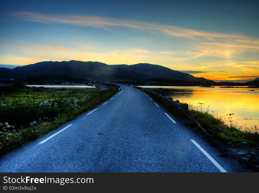 Road in sunset in western Norway