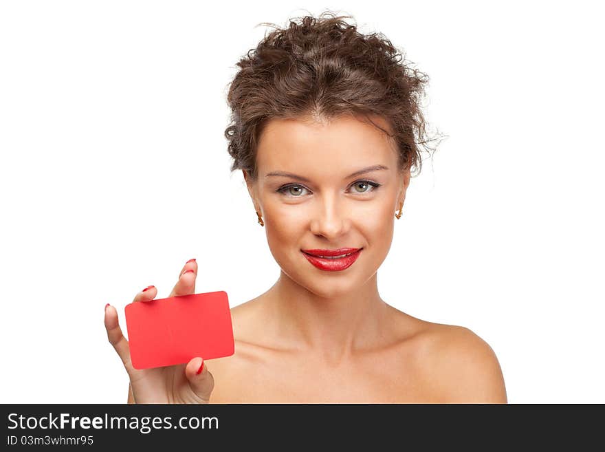 Close-up portrait of cheerful female holding discount card isolated on white background. Close-up portrait of cheerful female holding discount card isolated on white background